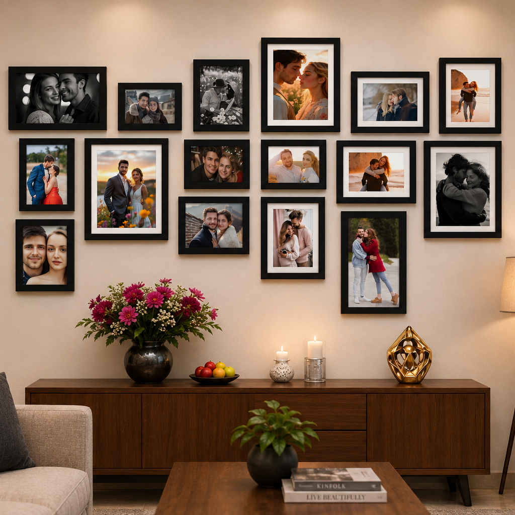Elevate your home décor with the RSK Creations Gallery Wall Frame Set. Premium black frames, modern living room styling, and the perfect way to showcase cherished memories.