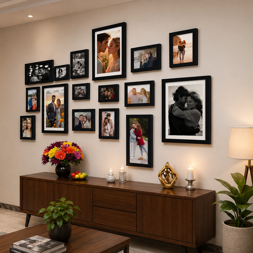Premium black frames, modern living room styling, and the perfect way to showcase cherished memories.